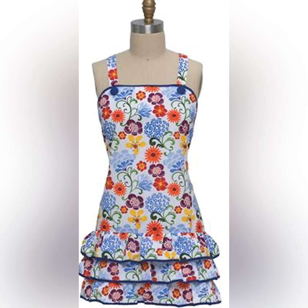NWT F2726 women’s apron girlie frilly flowers white yellow blue